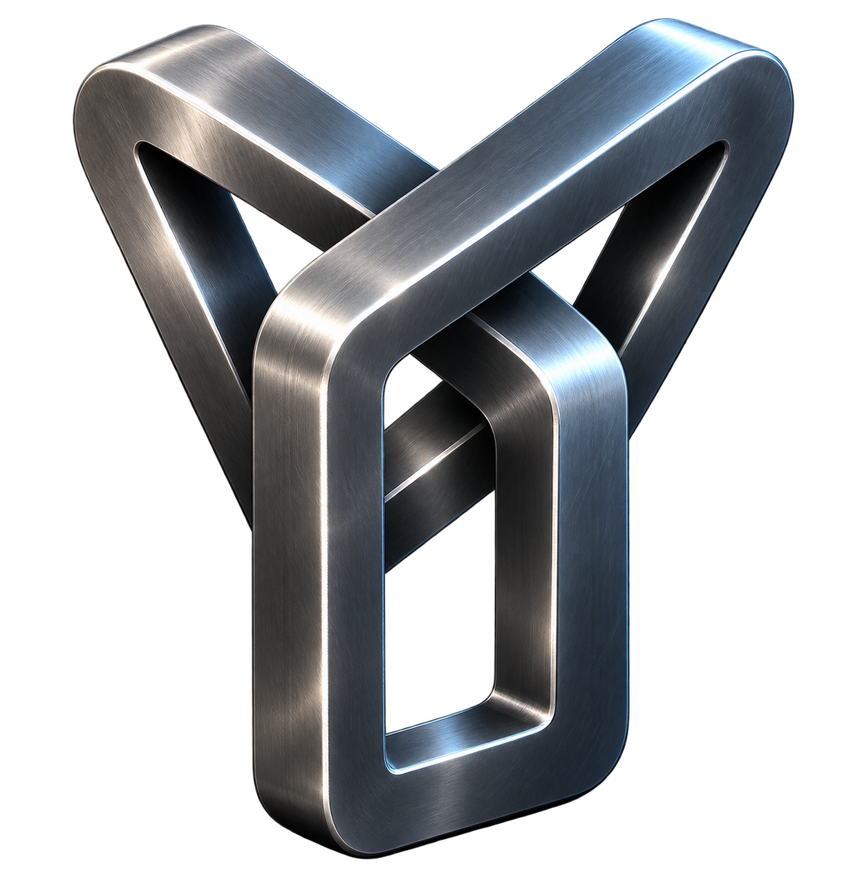 pleXcreen Symbol — ein metallisches Objekt aus gebürstetem Titan, das aus unterschiedlichen Perspektiven ein und dieselbe Realität zeigt