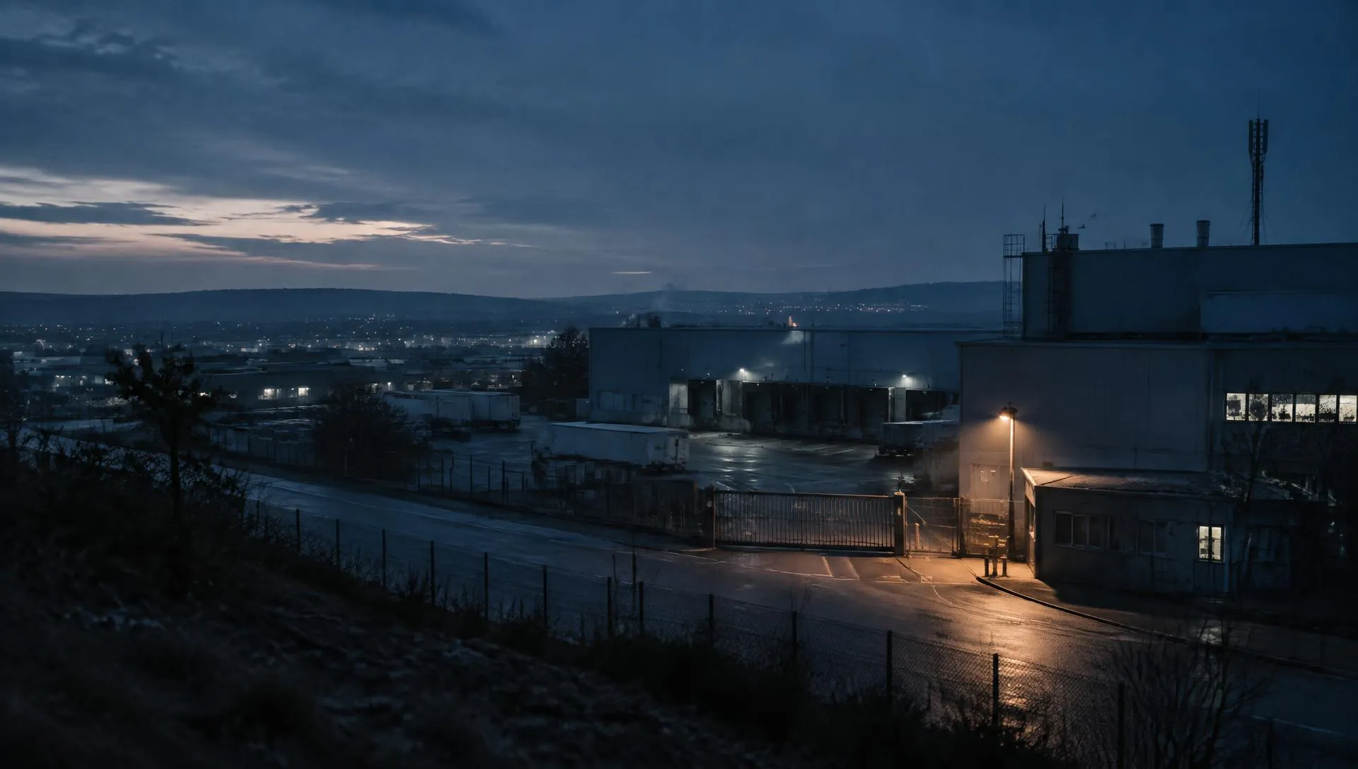 Blick in der blauen Stunde von einer Anhöhe auf ein Werksgelände mit Zaun, Laderampen und einem einzelnen, warm beleuchteten Tor.