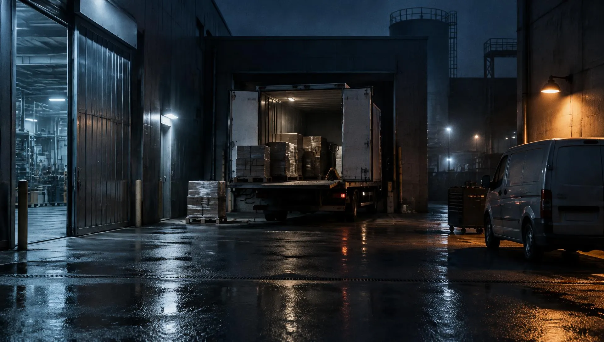 Nächtliche Laderampe: links das Tor des eigenen Werks, in der Mitte ein Lkw eines Zulieferers mit offenen Türen, rechts der Transporter eines externen Dienstleisters unter einer Kupferlampe.