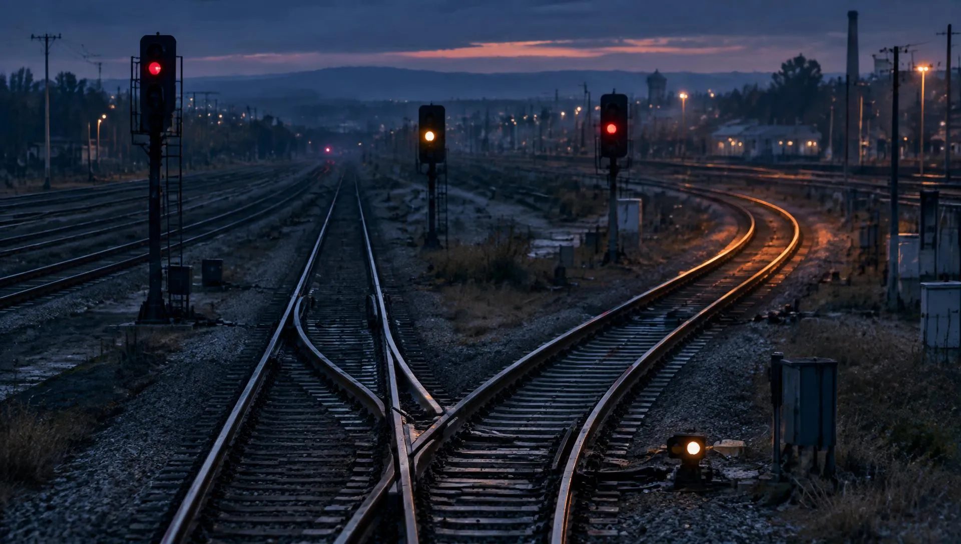 Rangierbahnhof in der blauen Stunde: Signale in verschiedener Entfernung, im Vordergrund eine Weiche; das abzweigende Gleis ist kupferfarben beleuchtet.